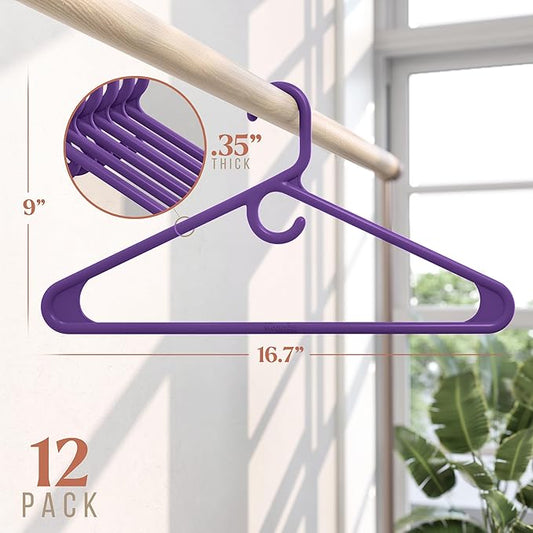 NEATERIZE Ultra Heavy Duty Plastic Clothes Hangers - Purple - Durable Coat, Suit and Clothes Hanger. Perchas De Ropa (12 Pack - Purple)