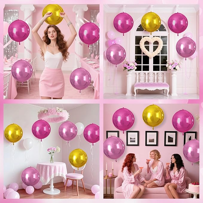 Pink Gold Round Foil Balloons 9 pcs,Metallic Giant 4D Round Balloons 22 Inch for Birthday Girl's Baby Shower Bridal Shower Wedding Valentine Party Decorations