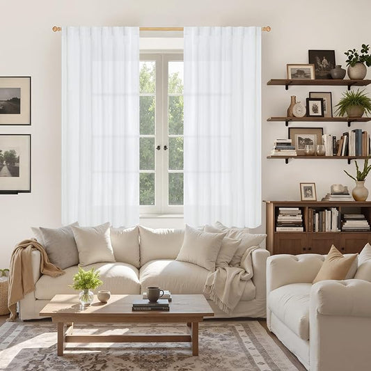 YoungsTex 63 Inch Length White Linen Curtains 2 Panels for Living Room, Light Filtering Drapes Semi Sheer with Rod Pocket Back Tab Lightweight for Bedroom, 52 X 63 Inch