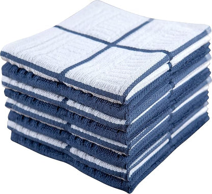 Sticky Toffee Cotton Dishcloths Set of 8, Dark Blue and White, 12 x 12 in, Absorbent Reusable Tea Towels and Cleaning Cloths, Oeko-Tex Cotton