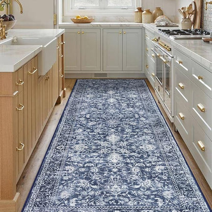 KILOCOCO Hallway Runner 2.6x8 Rug Runner Printed Vintage Floral Washable Kitchen Runners Non-Slip Rubber Backed Runners for Hallways Laundry Room Distressed Boho Rugs for Entryway Bedroom, Blue