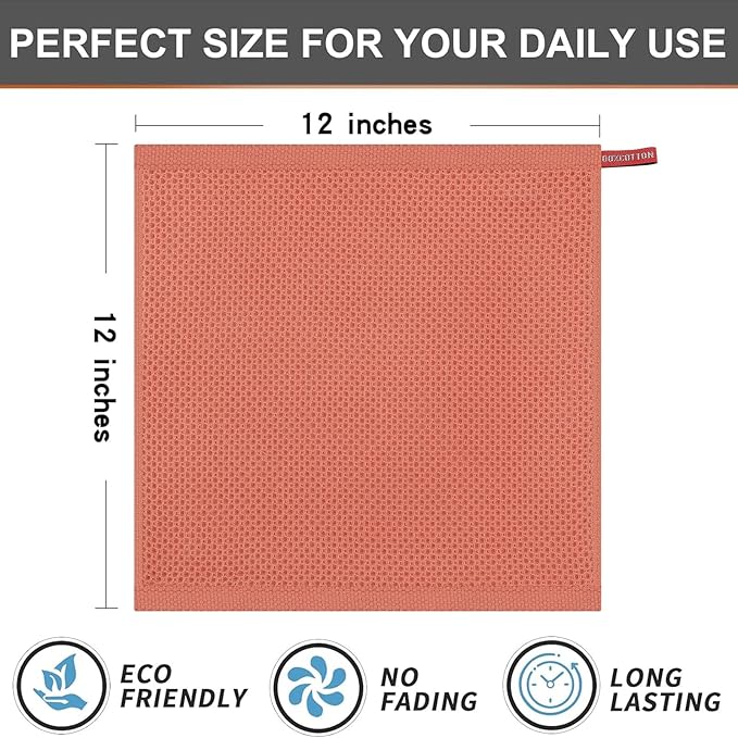 Kitinjoy 100% Cotton Kitchen Dish Cloths, 12 Pack Waffle Weave Ultra Soft Absorbent Dish Towels for Drying Dishes Quick Drying Kitchen Towels Dish Rags, 12 X 12 Inches, Coral