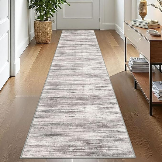 KOZYFLY Modern Abstract Kitchen Runner Rug, 2x10 Washable Rug Runner Non-Slip Soft Striped Hallway Runner Rugs, Grey Beige Print Carpet Runner for Entryway Bathroom Laundry Room Foyer
