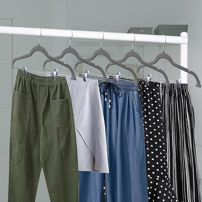 Velvet Skirt Hangers – with Adjustable Clips, 360 Degree Swivel Hook, and Non-Slip Shoulder Notch, Holds Up to 10 lbs, for Organizing Skirt, Pants, Dress, and Clothes, Pack of 50, Gray