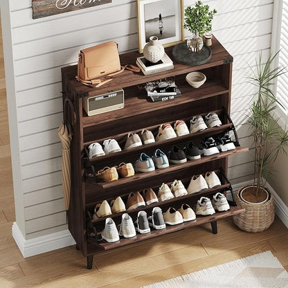 Vabches Shoe Storage Cabinet with 2 Flip Drawers,Freestanding Narrow Shoe Organizer with Open Storage,Hidden Slim Shoe Rack Cabinet for Entryway,Hallway,Dark Walnut