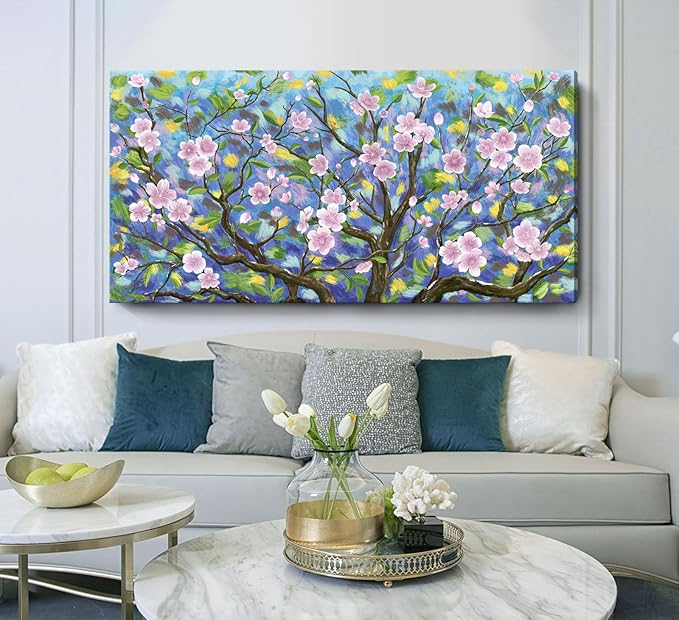 ARTZON Extra Large Pink Wall Art Abstract Flower Plum Blossom Botanical Canvas Prints Oversized Nature Artwork Tree Landscape Horizontal Big Picture for Home Living Room Bedroom Office Decor 58"x29"