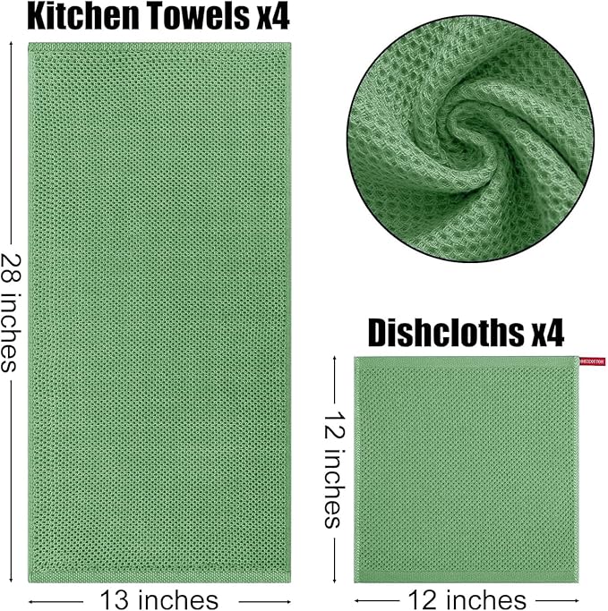 Kitinjoy 100% Cotton Kitchen Towels and Dishcloths Set, 8 Pack Waffle Weave Dish Towels Ultra Soft Absorbent Quick Drying Dish Rags, 13 x 28 Inch and 12 X 12 Inch, Grass Green