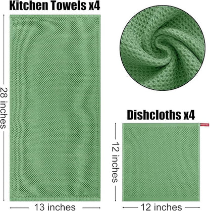 Kitinjoy 100% Cotton Kitchen Towels and Dishcloths Set, 8 Pack Waffle Weave Dish Towels Ultra Soft Absorbent Quick Drying Dish Rags, 13 x 28 Inch and 12 X 12 Inch, Grass Green