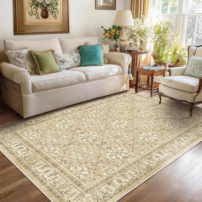 Warm Beige 5x8 Area Rug, Non Slip Washable Rugs for Living Room Bedroom Low Pile Thin Soft, Boho Neutral Floral Moroccan Pattern Printed Carpet Rug for Dining Room Home Office Nursery Playroom