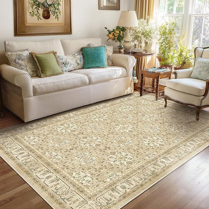 Warm Beige 5x8 Area Rug, Non Slip Washable Rugs for Living Room Bedroom Low Pile Thin Soft, Boho Neutral Floral Moroccan Pattern Printed Carpet Rug for Dining Room Home Office Nursery Playroom