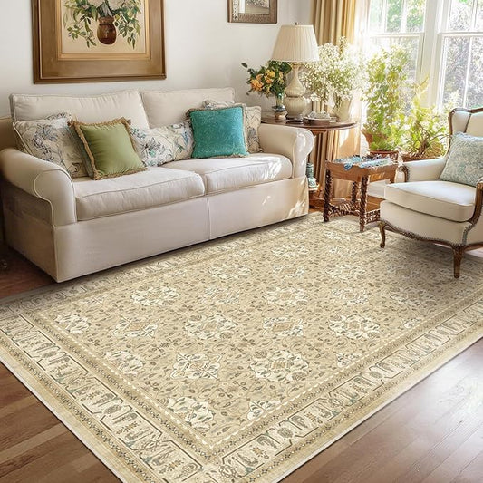 Warm Beige 5x8 Area Rug, Non Slip Washable Rugs for Living Room Bedroom Low Pile Thin Soft, Boho Neutral Floral Moroccan Pattern Printed Carpet Rug for Dining Room Home Office Nursery Playroom