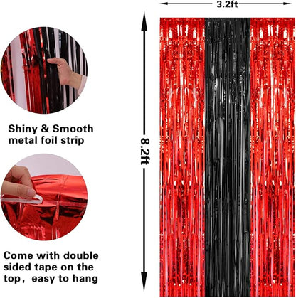2 Pack 3.2x8.2 Feet Black and Red Foil Fringe Curtains Party Decorations, Tinsel Curtain Backdrop Streamers for Birthday Graduation Fiesta Stranger Theme Halloween Christmas Party Supplies