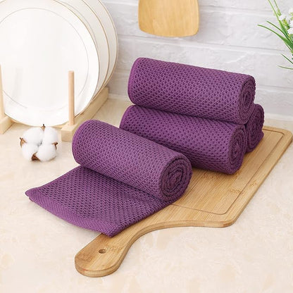 Kitinjoy 100% Cotton Waffle Weave Kitchen Towels, 4-Pack Super Soft and Absorbent Dish Towels for Drying Dishes, Kitchen Hand Towels, 13 in x 28 in, Violet