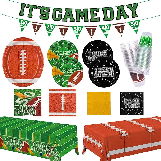 Gatherfun Football Party Supplies Kit for 24 Guests - Includes Large 12.5in Plates, Dessert Plates, Napkins, Cups, Banner and Touchdown Tablecloth - for Football Tailgate Party Decorations
