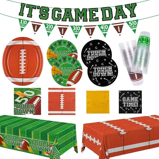 Gatherfun Football Party Supplies Kit for 24 Guests - Includes Large 12.5in Plates, Dessert Plates, Napkins, Cups, Banner and Touchdown Tablecloth - for Football Tailgate Party Decorations