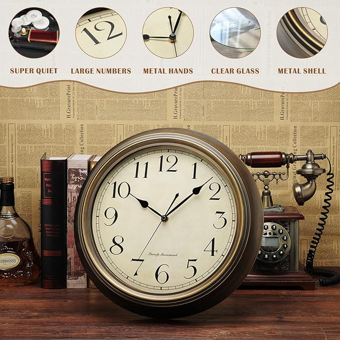 Plumeet Metal Wall Clock, 13'' Non Ticking Classic Silent Iron Wall Clocks Decorative Kitchen Living Room Bedroom, Arabic Numerals, Battery Operated (13'', Brown)