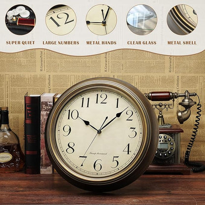 Plumeet Metal Wall Clock, 13'' Non Ticking Classic Silent Iron Wall Clocks Decorative Kitchen Living Room Bedroom, Arabic Numerals, Battery Operated (13'', Brown)