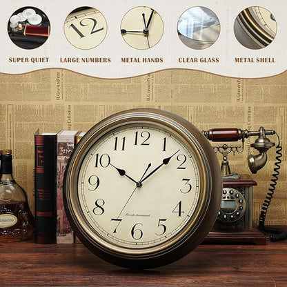 Plumeet Small Metal Wall Clock, 10'' Non Ticking Classic Silent Iron Wall Clocks Decorative Kitchen Living Room Bedroom, Arabic Numerals, Battery Operated (10'', Brown)
