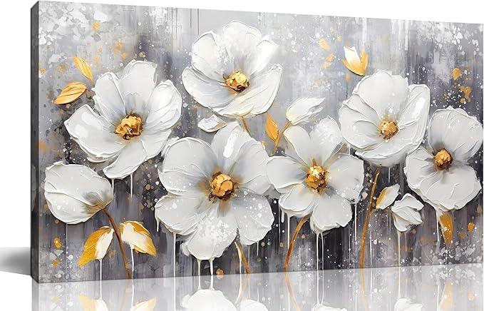 CIRABKY Flower Wall Art for Bedroom - White Wall Decor - Gold Wall Art for Living Room Office Artwork Canvas Pictures Size 20" x 40"