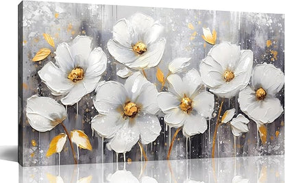 CIRABKY Flower Wall Art for Bedroom - White Wall Decor - Gold Wall Art for Living Room Office Artwork Canvas Pictures Size 20" x 40"