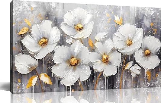 CIRABKY Flower Wall Art for Bedroom - White Wall Decor - Gold Wall Art for Living Room Office Artwork Canvas Pictures Size 20" x 40"