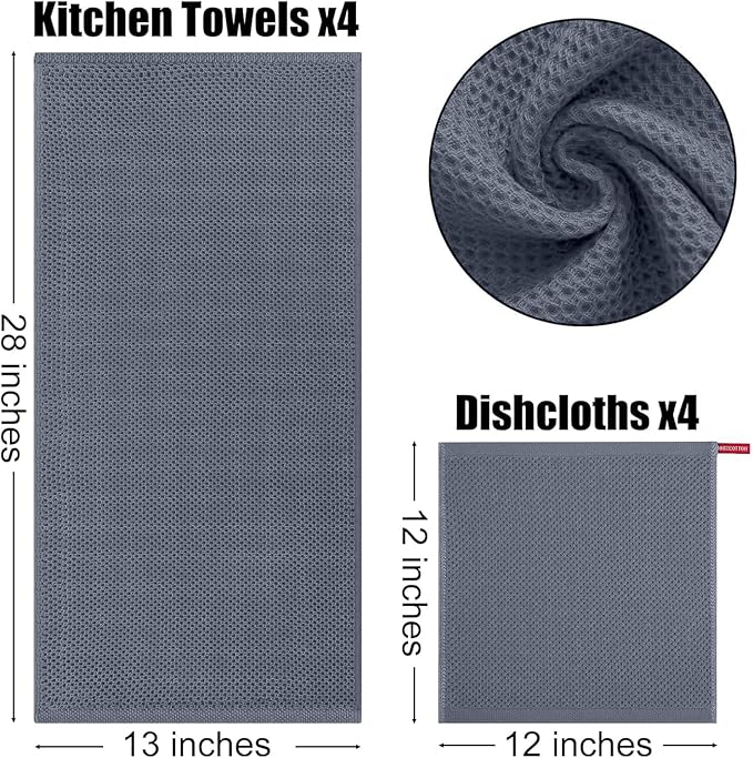 Kitinjoy 100% Cotton Kitchen Towels and Dishcloths Set, 8 Pack Waffle Weave Dish Towels Ultra Soft Absorbent Quick Drying Dish Rags, 13 x 28 Inch and 12 X 12 Inch, Dark Grey