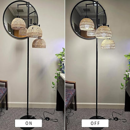 Floor Lamp for Living Room,Bedroom,3-Lights Boho Rattan Floor Lamps,Tree Farmhouse Industrial Black Standing Lamp Wicker Rustic Tall Lamp,Woven Bamboo LampShade Floor Light Bohemian