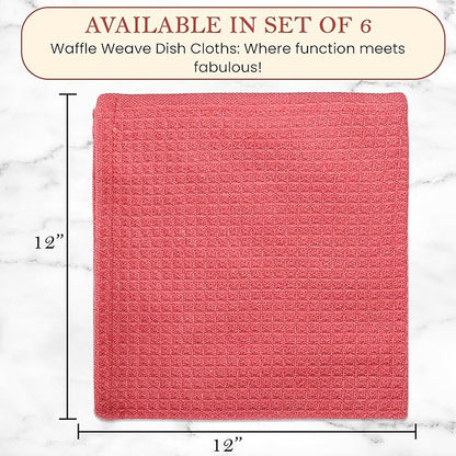 Vintage Vista 100% Cotton Waffle Dish Cloths (Pack of 6) - Dish Rags for Washing Dishes - Reusable & Highly Absorbent Kitchen Towels - Kitchen Rags for Christmas - (12" x 12" - Pink)