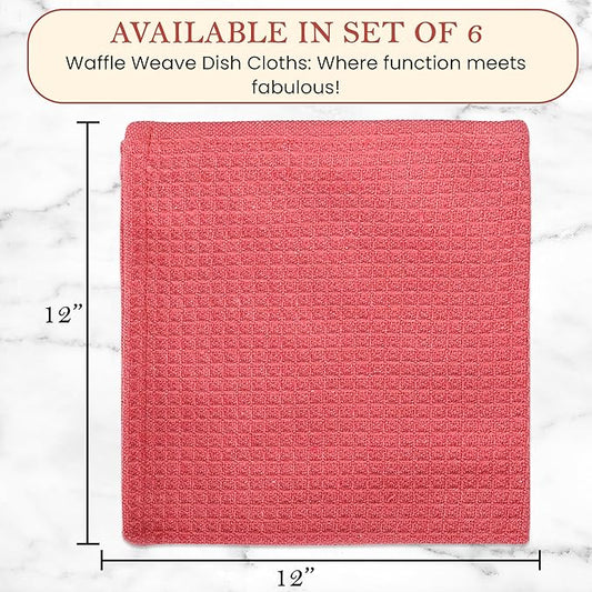 Vintage Vista 100% Cotton Waffle Dish Cloths (Pack of 6) - Dish Rags for Washing Dishes - Reusable & Highly Absorbent Kitchen Towels - Kitchen Rags for Christmas - (12" x 12" - Pink)