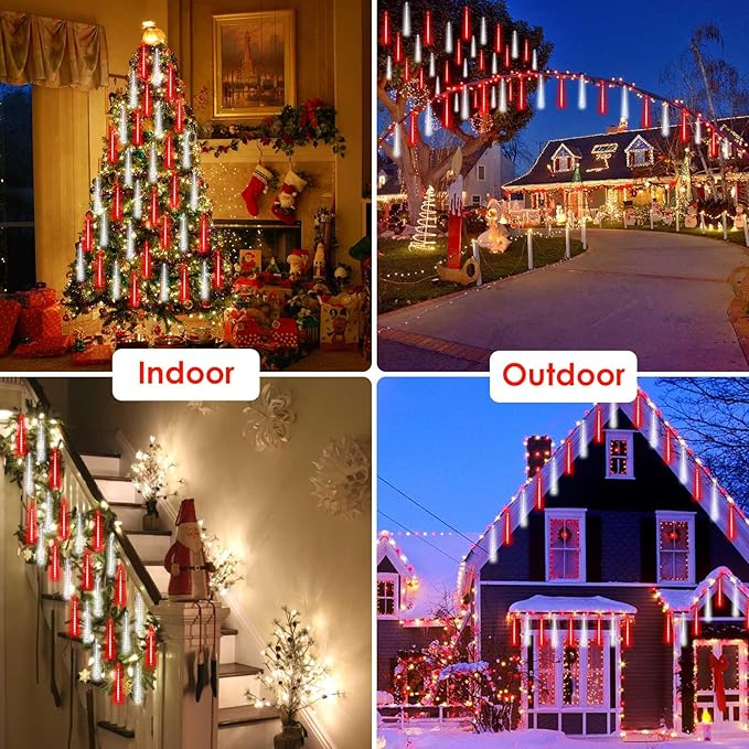 2 Pack Christmas Decorations Lights Outdoor, Extendable Meteor Shower Lights with Timer, Total 384LED 30cm 16 Tubes Indoor Outdoor Snow Cascading String Light for Xmas Party Yard Decor (Red and White)