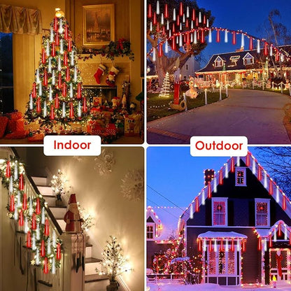 2 Pack Christmas Decorations Lights Outdoor, Extendable Meteor Shower Lights with Timer, Total 384LED 30cm 16 Tubes Indoor Outdoor Snow Cascading String Light for Xmas Party Yard Decor (Red and White)