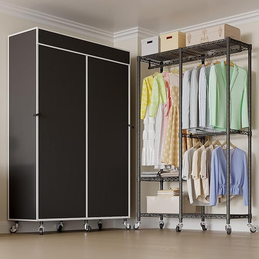 H9 Garment Rack with Cover, Heavy Duty Clothing Rack for Hanging Clothes, Portable Closet with wheels, Wardrobe Closet with Adjustable Shelves, Black Rack Shelf with Black Fabric Cover