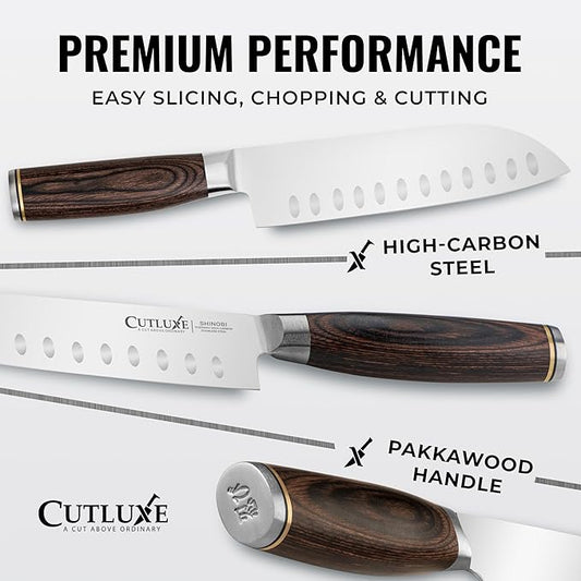 Santoku Knife – Ultra Sharp 7 Inch Meat and Vegetable Japanese Knife for Chopping, High Carbon Stainless Steel Blade, Full Tang Pakkawood Handle – Shinobi Series