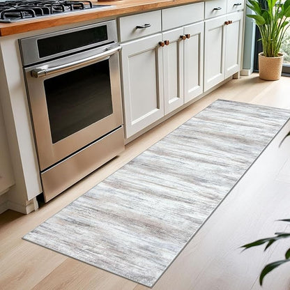 KOZYFLY Modern Abstract Kitchen Runner Rug, 2x6 Washable Rug Runner Non-Slip Soft Striped Hallway Runner Rugs, Beige Print Carpet Runner for Entryway Bathroom Laundry Room Foyer