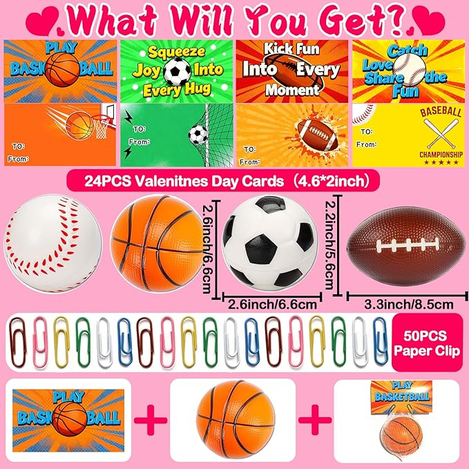 24 Pack Sports Stress Balls Valentines Day Cards For Kids School Classroom Exchange Valentine Day Gift Football Soccer Baseball Basketball Party Favors Supplies For Boys Girls Valentine Exchange Cards