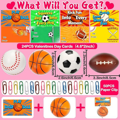 24 Pack Sports Stress Balls Valentines Day Cards For Kids School Classroom Exchange Valentine Day Gift Football Soccer Baseball Basketball Party Favors Supplies For Boys Girls Valentine Exchange Cards