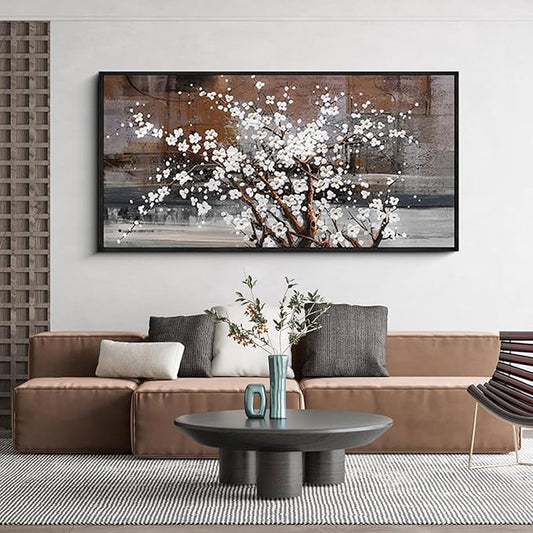 KLAKLA Wall Art for Living Room - White Plum Blossom Brown Trunk Natural Landscape Wall Decor Framed Picture Artwork for Wall Modern Paingings Extra Large Wall Art
