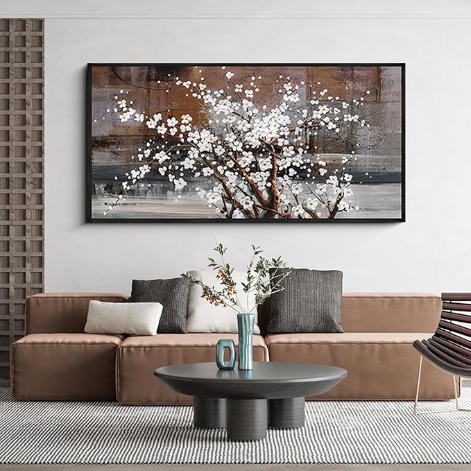 KLAKLA Framed Wall Art - Black Frame Canvas Wall Decor - Flower Picture Artwork for Wall - Large Paintings for Living Room Brown Background Bedroom Office Plum Blossom Art Prints 20x40