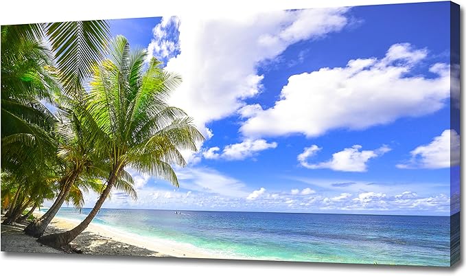 weiyiart Large Canvas Wall Art Blue Ocean Canvas Wall Art Summer Ocean Waves Coconut Trees on Sands Beach Seascape Painting Sea Nature Pictures for Living Room Home Office Wall Decor