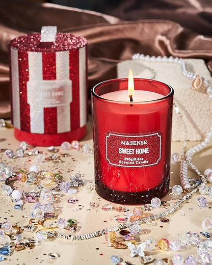 M&SENSE Cinnamon Apple Scented Candles, Christmas Candle 8.8 oz Glitter Jar Candles, Holiday Candles Gifts for Women, Strong Scented Natural Soy Candle for Christmas Home Decor, 50 Hours Long Burning