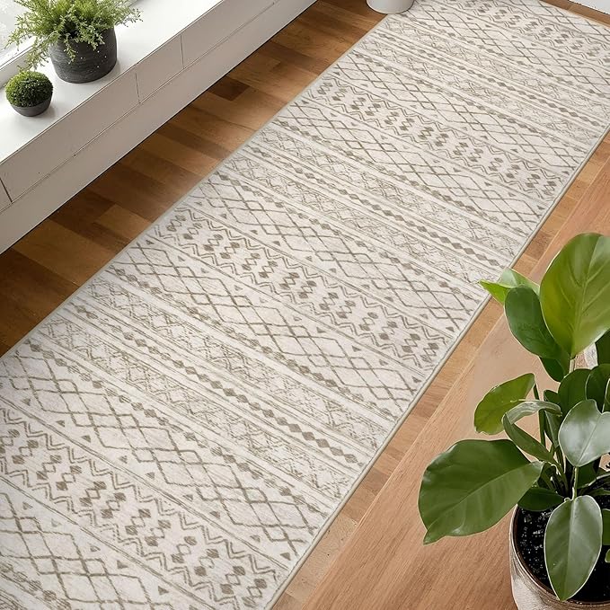 KUTA Boho Runners for Hallways 2.6x14 ft Moroccan Beige Washable Long Hall Carpet Non-Slip Vintage Soft Distressed Geometric Kitchen Runner Rug for Bedroom Laundry Living Room
