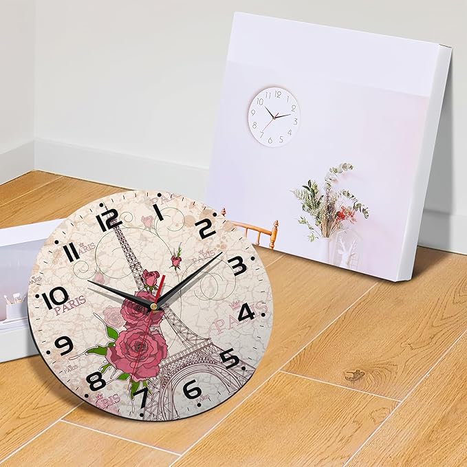 Vintage Eiffel Tower Wall Clock Vintage Wooden Wall Clock Silent Non-Ticking Battery Operated Arabic Numerals Wall Clocks Decorative for Kitchen, Office, Classroom 10 Inch