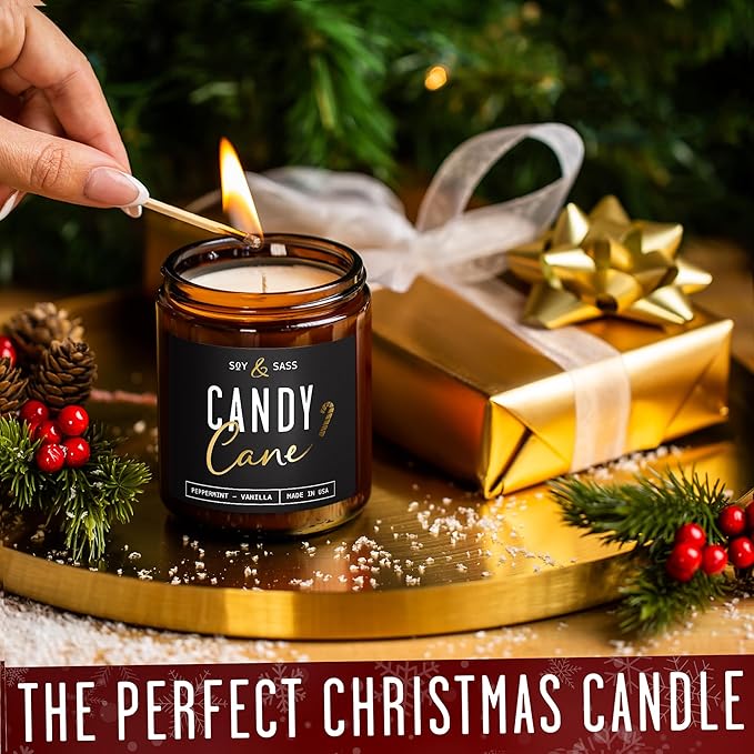 Peppermint Candle - 'Candy Cane' Christmas Candle w/Menthol, Peppermint & Vanilla - Infused with Essential Oils I Christmas Candles Scented I 9oz, 50Hr, Made in USA