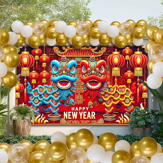 Chinese New Year Lion Dance Backdrop Happy New Year Banner Red Gold Lantern Festival Party Background Traditional Lunar New Years Wall Decor for Home Party Event Photo Booth 71x43 Inch