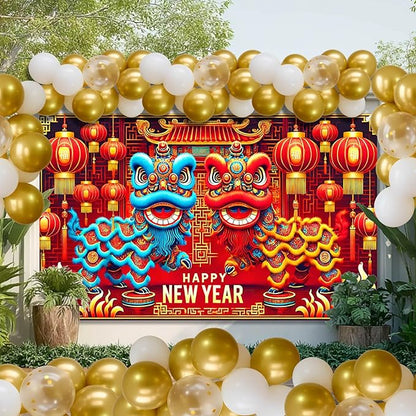 Chinese New Year Lion Dance Backdrop Happy New Year Banner Red Gold Lantern Festival Party Background Traditional Lunar New Years Wall Decor for Home Party Event Photo Booth 71x43 Inch