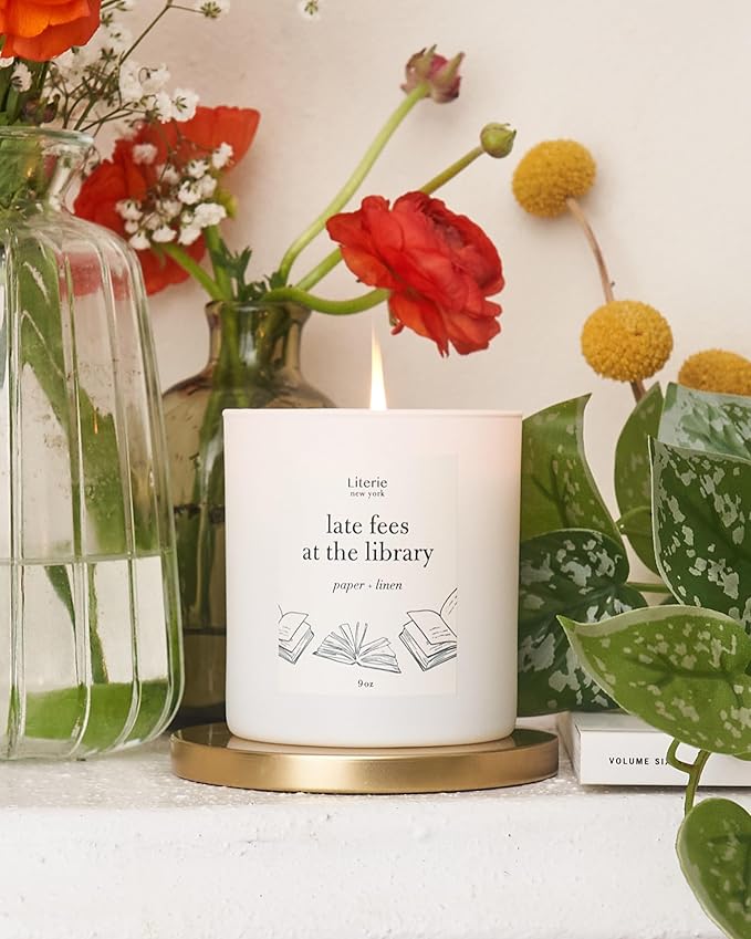 Literie NYC Inspired Scented Candle: Late Fees at The Library - Paper & Linen Scent, 9oz, 50 Hour Burn, Vegan Soy & Coconut Blend Candle for Home Decor, Gift for Women & Men