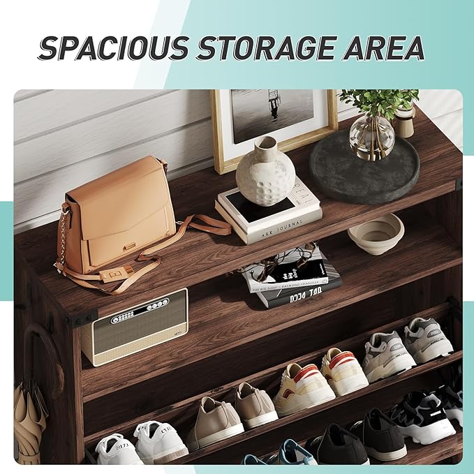 Vabches Shoe Storage Cabinet with 2 Flip Drawers,Freestanding Narrow Shoe Organizer with Open Storage,Hidden Slim Shoe Rack Cabinet for Entryway,Dark Walnut (2 Pack)