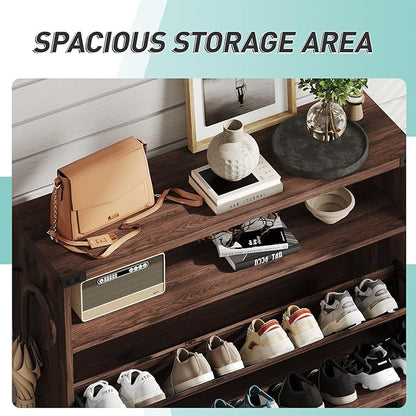 Vabches Shoe Storage Cabinet with 2 Flip Drawers,Freestanding Narrow Shoe Organizer with Open Storage,Hidden Slim Shoe Rack Cabinet for Entryway,Dark Walnut (2 Pack)