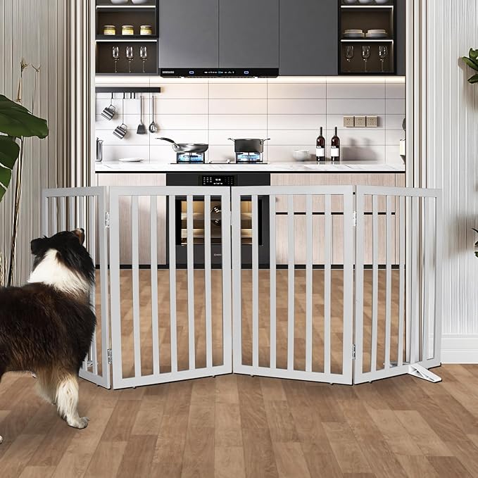 Dog Gate Indoor, Freestanding Dog Fence for The House, Doorways, Hallways,or Stairs,Pet Gate Foldable Wooden,Expandable 32" Height 4 Panels,Grey