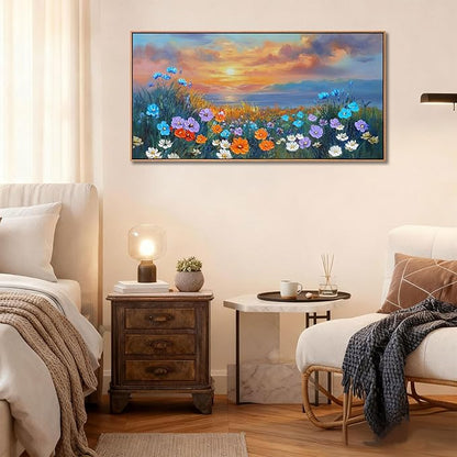 Ardemy Wildflower Wall Art for Living Room Large Framed Floral Canvas Pictures Bedroom Wall Decor Sunset Paintings Flower Textured Artwork for Walls Dining Room Home Office 48"x24"